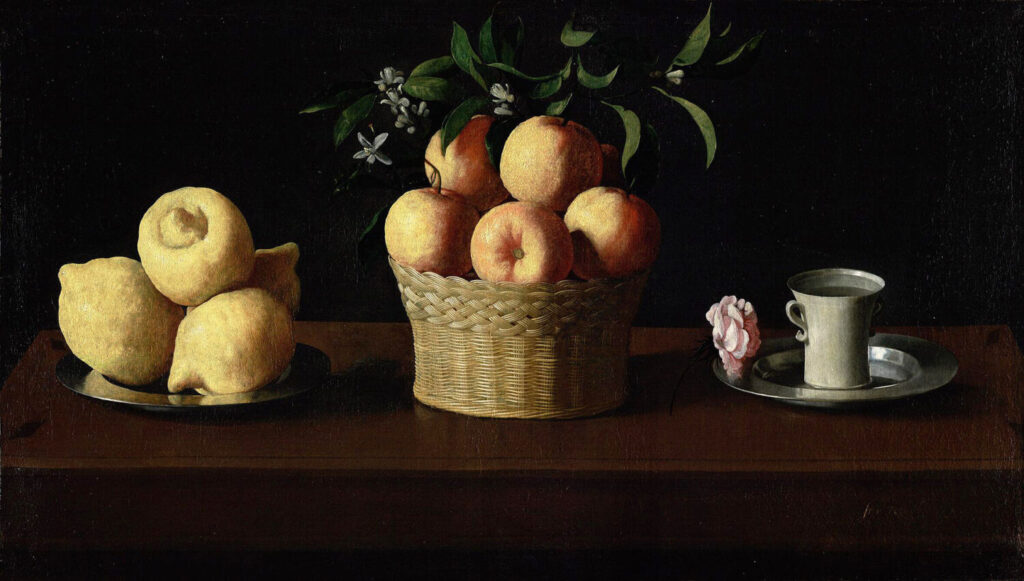 『プレートのレモン・かごのオレンジ・カップとバラ』 フランシスコ・デ・スルバラン 1633 画布、油彩