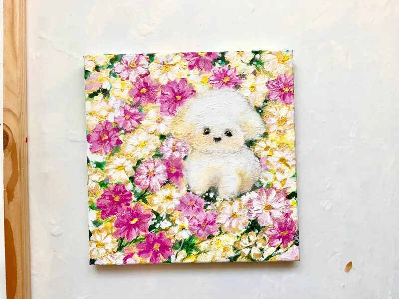 白い仔犬と秋桜