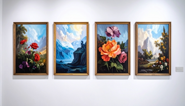 白い壁に4枚の油絵