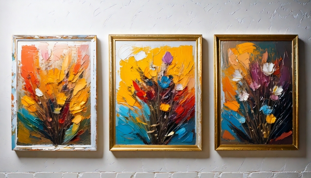 白い壁に3枚の油絵